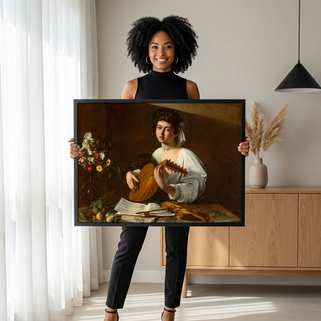Quadro Decorativo O Tocador de Alaúde - Caravaggio com modelo em ambiente