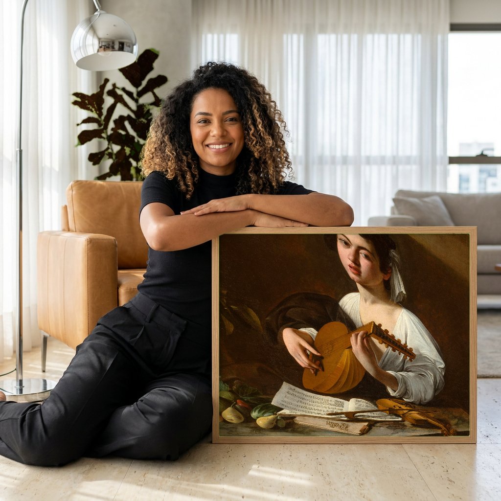 Quadro Decorativo O Tocador de Alaúde - Caravaggio com modelo em ambiente