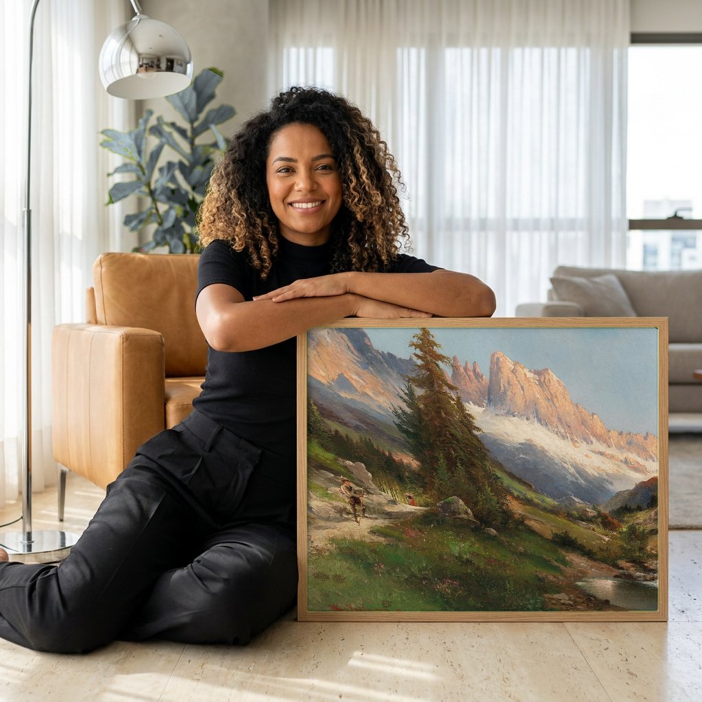 Quadro Decorativo Paisagem Alpina com Caminhantes - Karl Kaufmann com modelo em ambiente