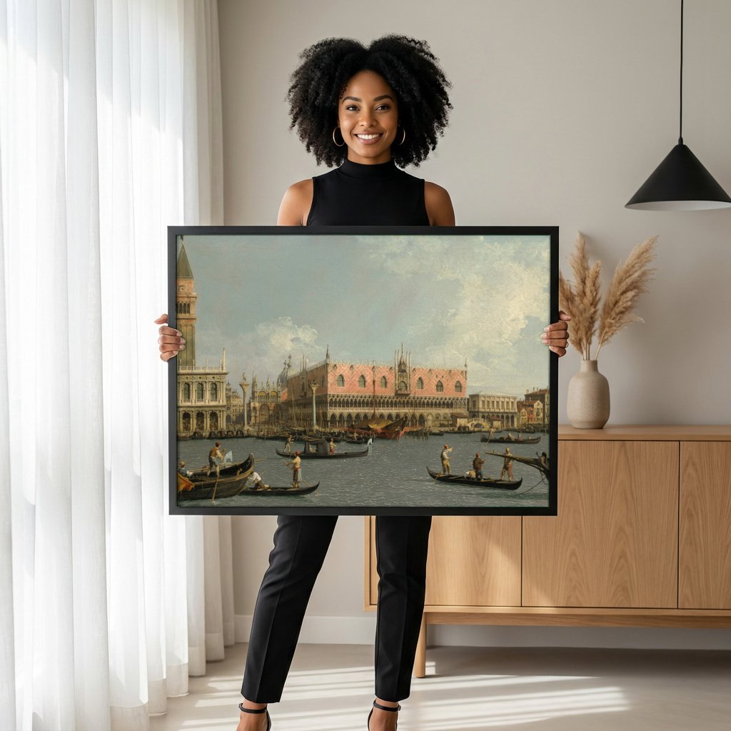 Quadro Decorativo 'Bacino di San Marco' - Canaletto com modelo em ambiente