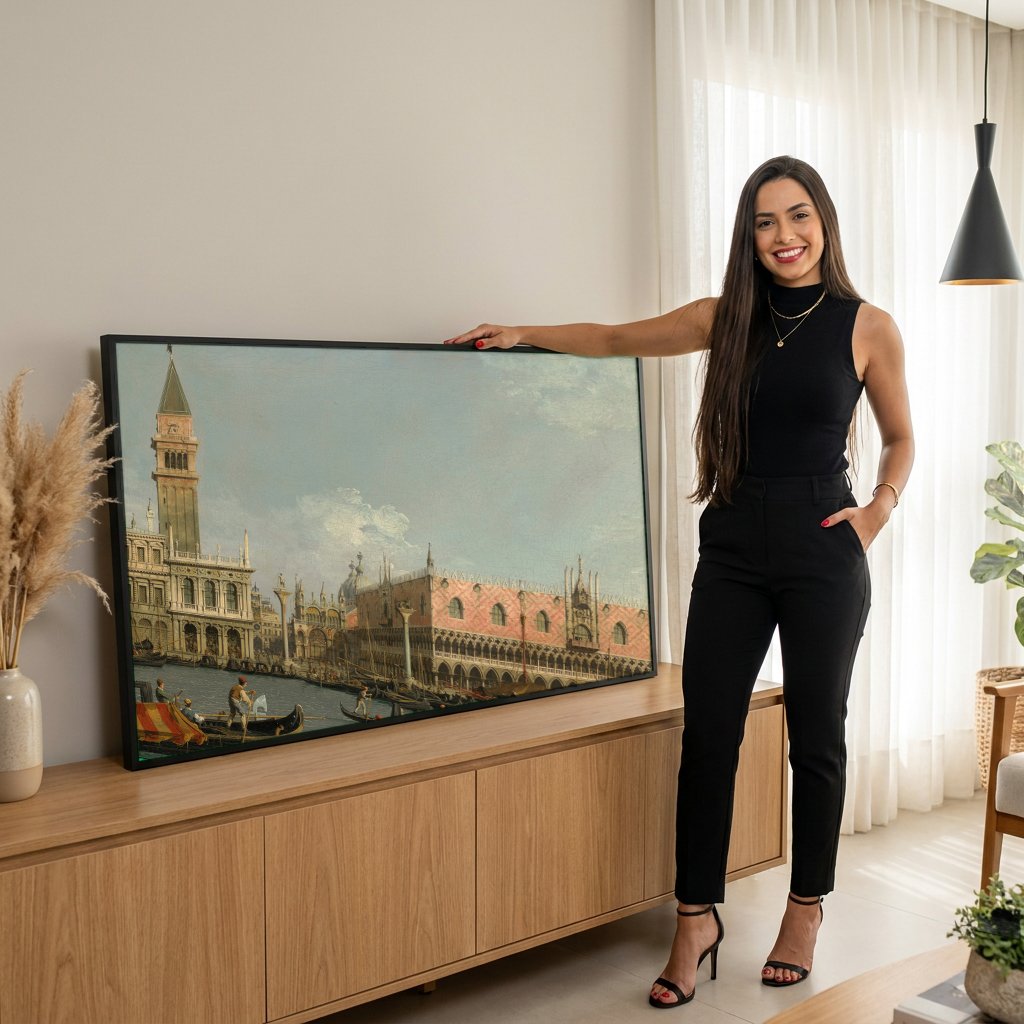 Quadro Decorativo 'Bacino di San Marco' - Canaletto com modelo em ambiente
