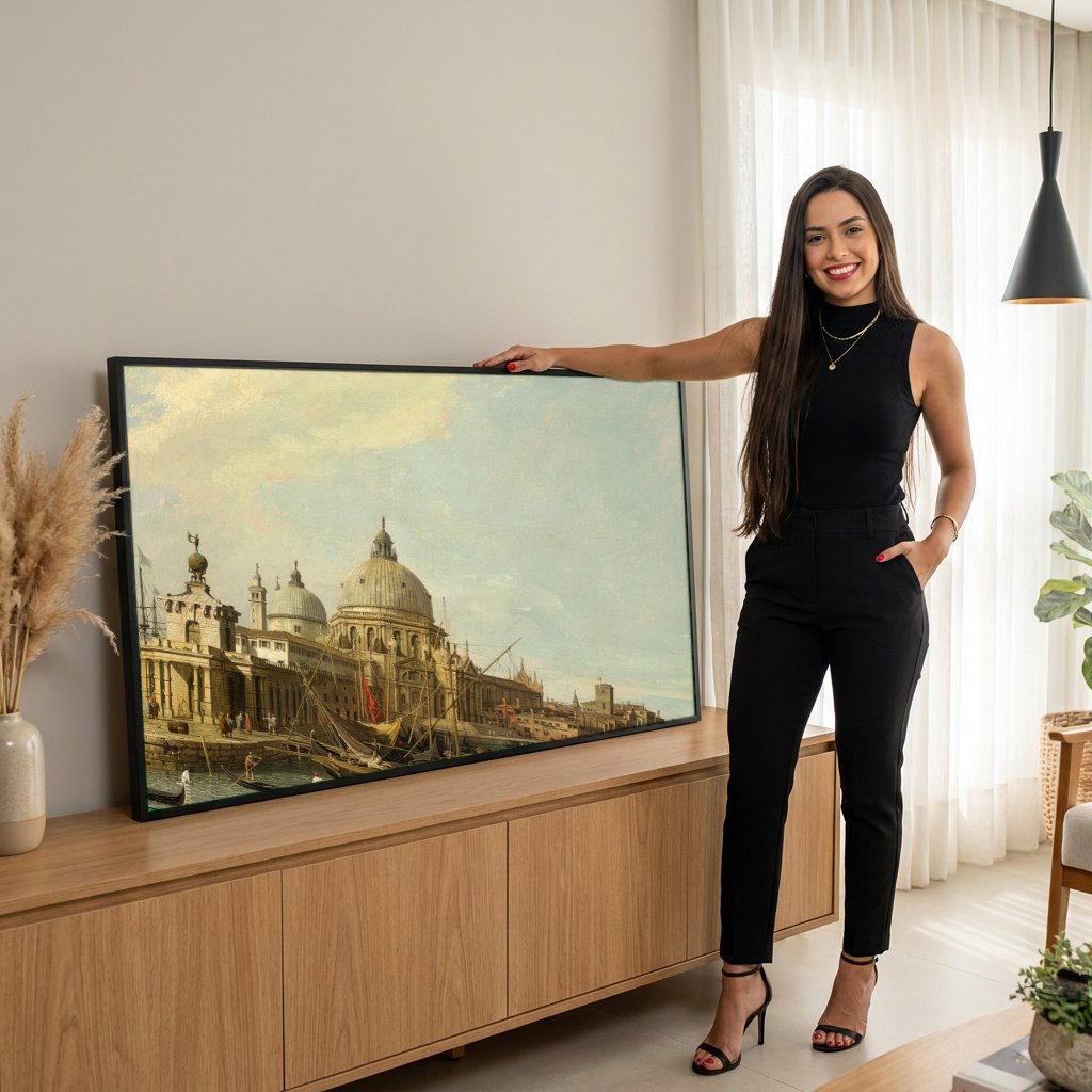 Quadro Decorativo 'Bacino di San Marco' - Canaletto com modelo em ambiente