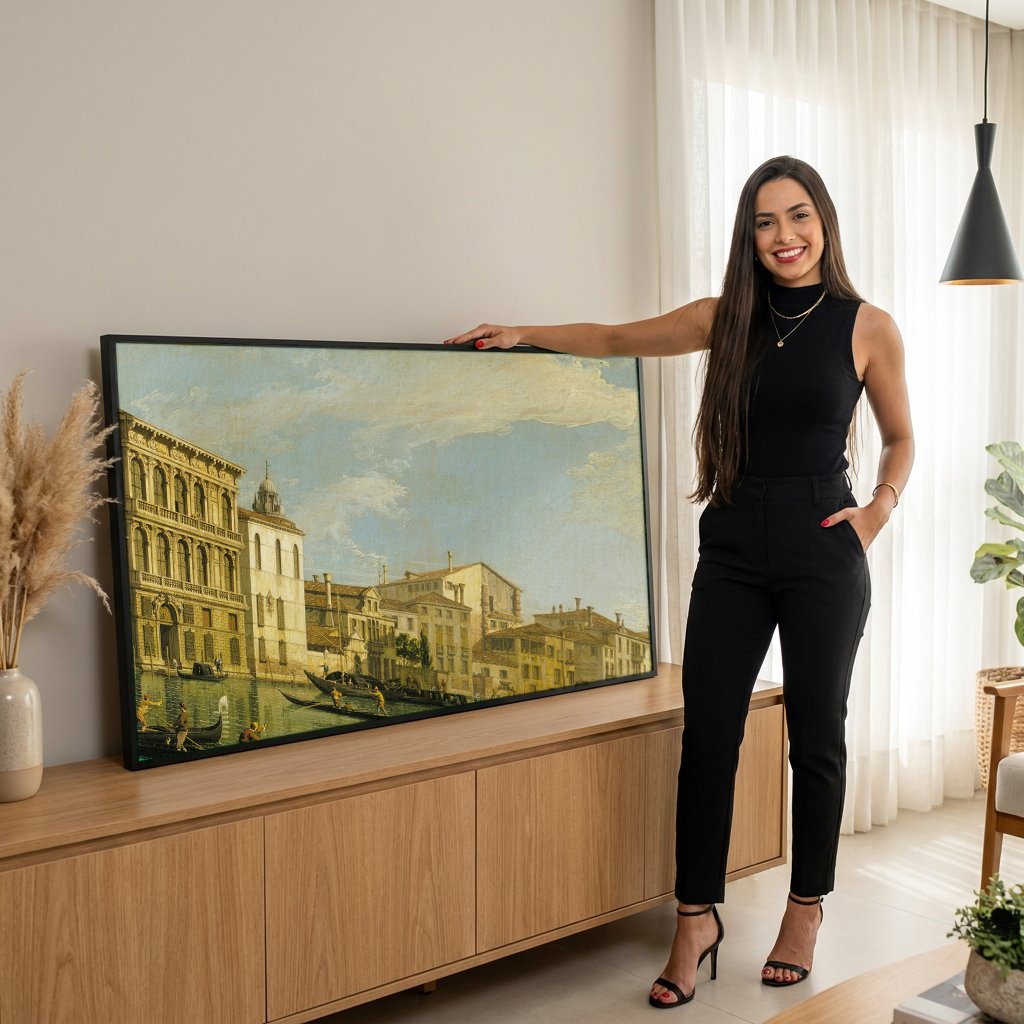 Quadro Decorativo Canal Grande, Veneza - Canaletto com modelo em ambiente