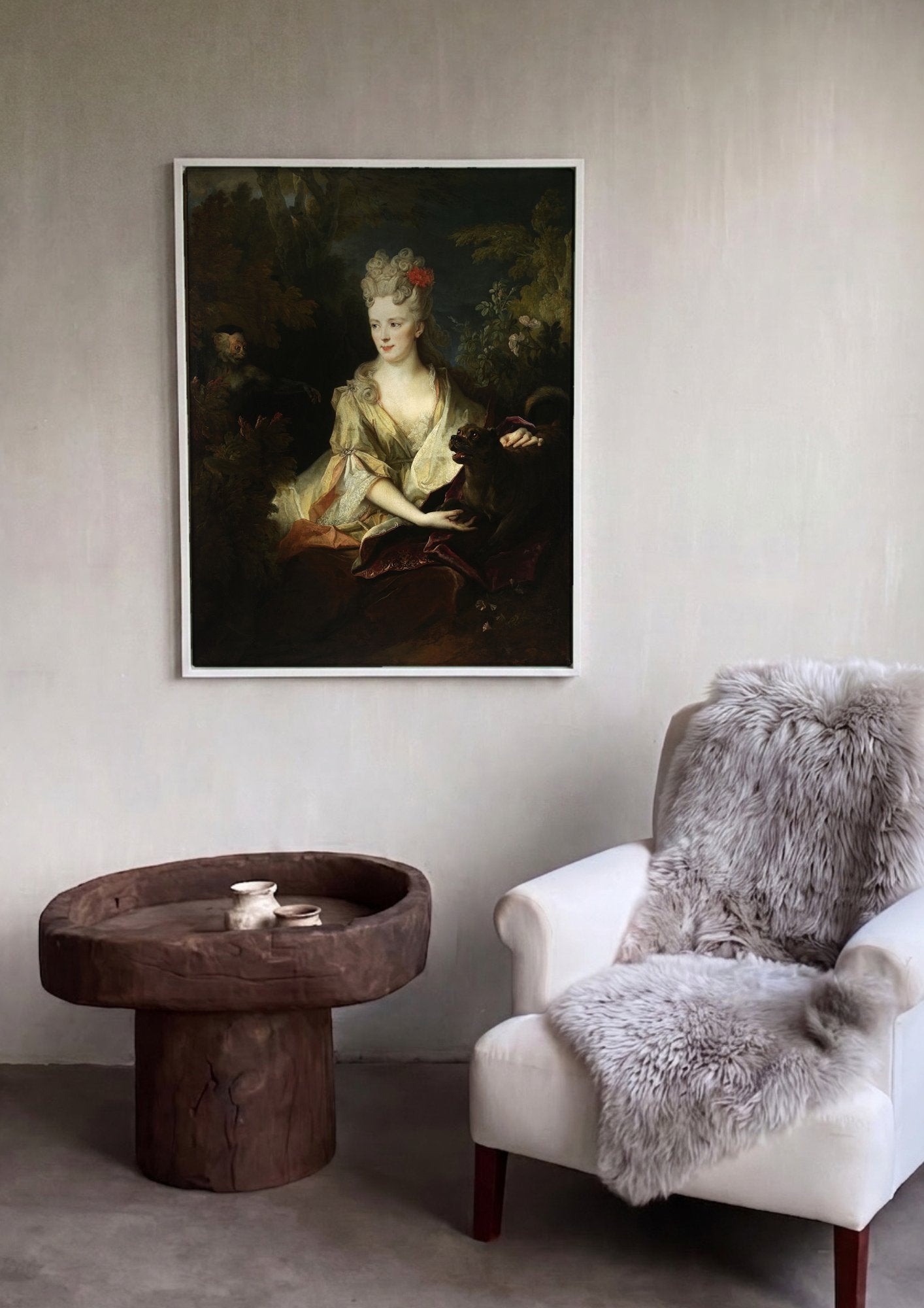 Quadro Decorativo Retrato de Dama com Cão - Nicolas de Largillière em ambiente decorado