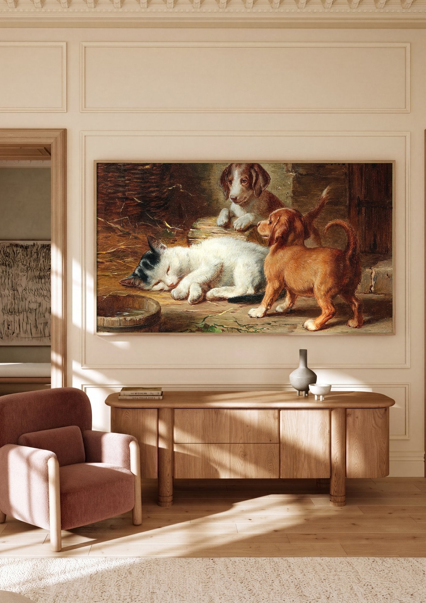 Quadro Decorativo Cenas de Gênero com Cães e Gato - Carl Reichert em ambiente decorado
