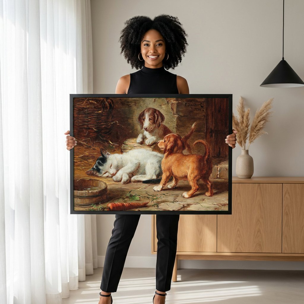 Quadro Decorativo Cenas de Gênero com Cães e Gato - Carl Reichert com modelo em ambiente