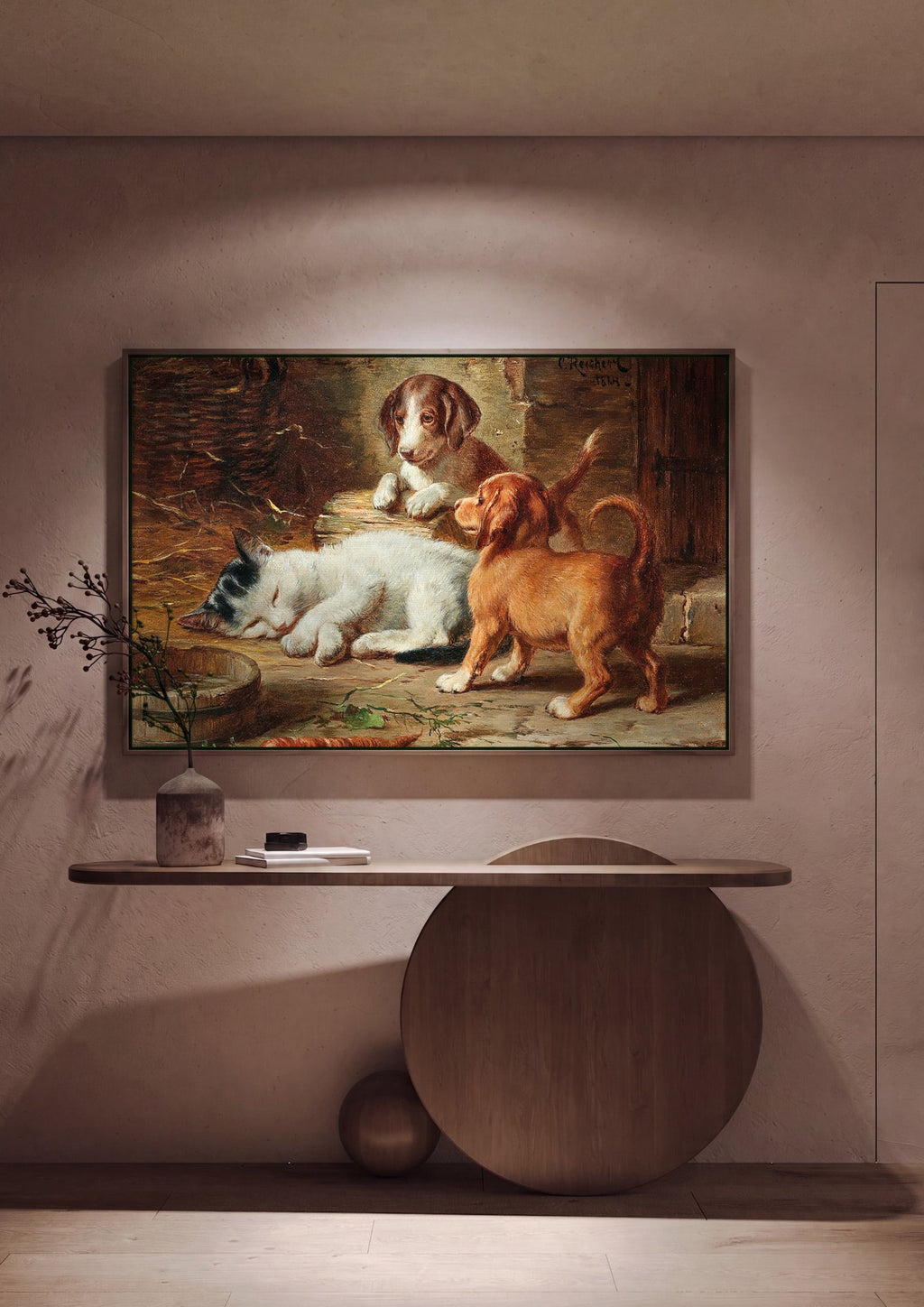 Quadro Decorativo Cenas de Gênero com Cães e Gato - Carl Reichert em ambiente decorado