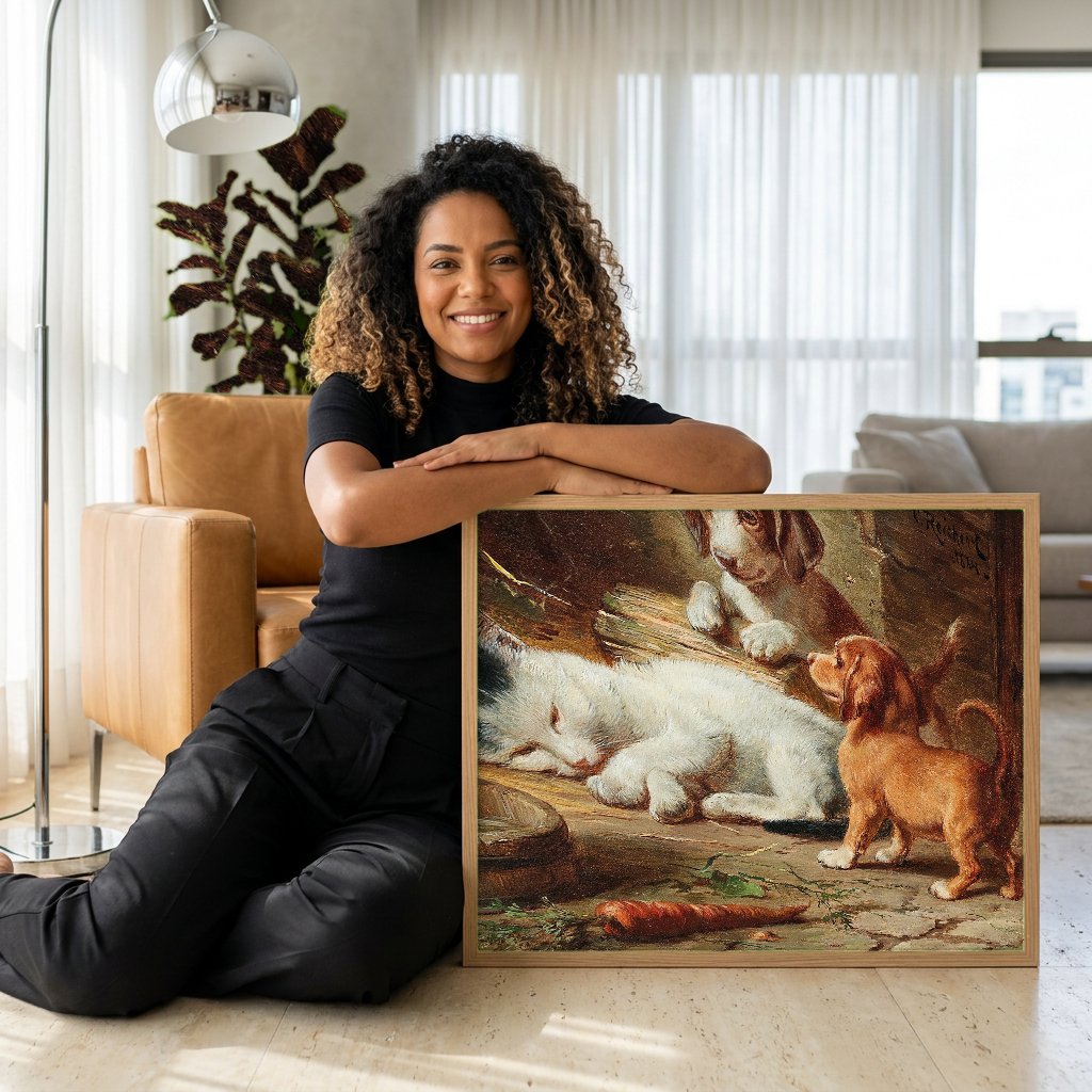Quadro Decorativo Cenas de Gênero com Cães e Gato - Carl Reichert com modelo em ambiente