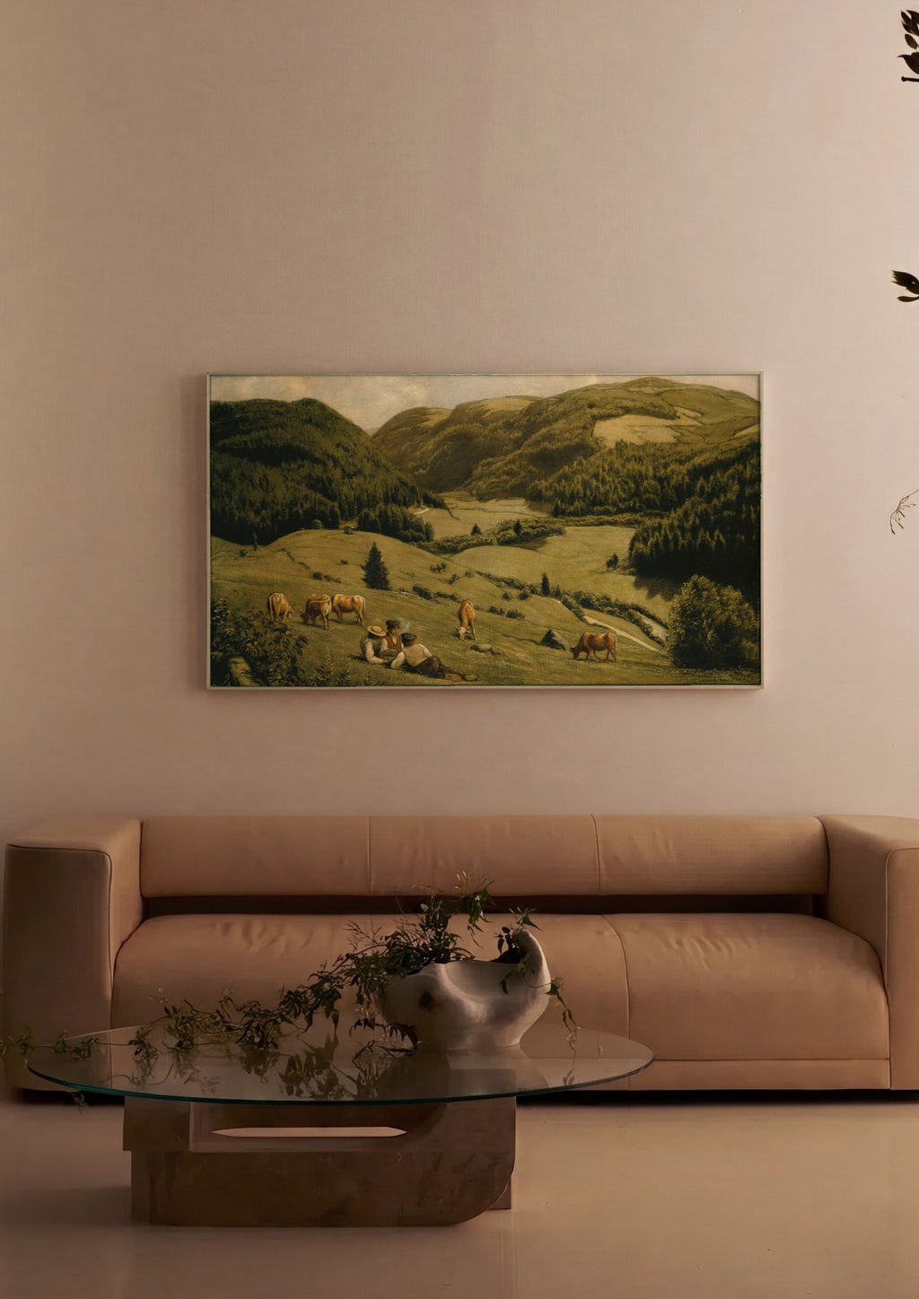 Quadro Decorativo Paisagem Alpina com Camponeses - Hans Thoma em ambiente decorado