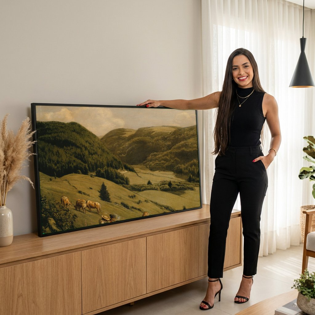 Quadro Decorativo Paisagem Alpina com Camponeses - Hans Thoma com modelo em ambiente