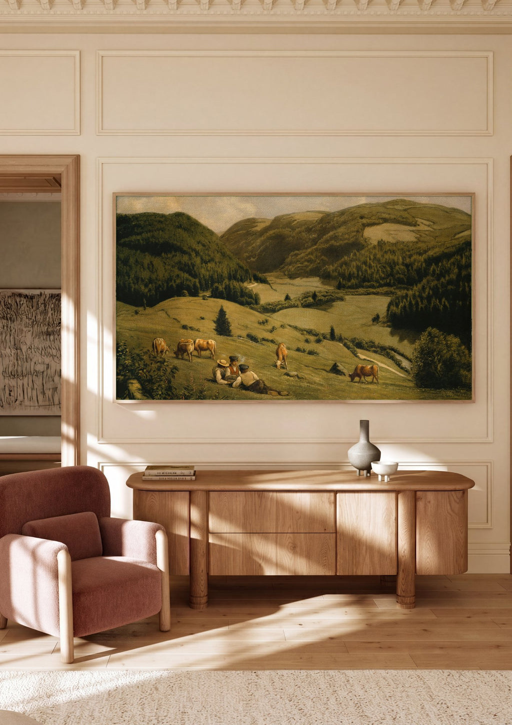 Quadro Decorativo Paisagem Alpina com Camponeses - Hans Thoma em ambiente decorado