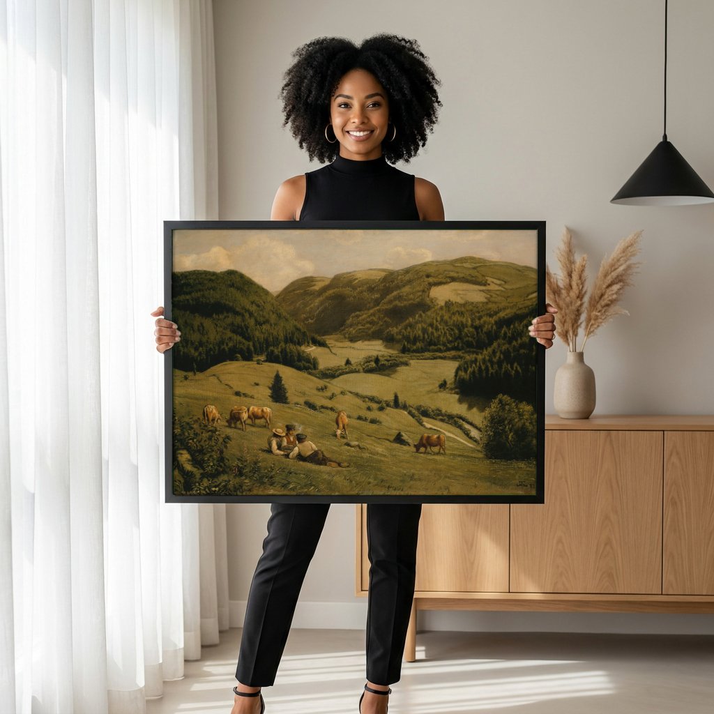 Quadro Decorativo Paisagem Alpina com Camponeses - Hans Thoma com modelo em ambiente
