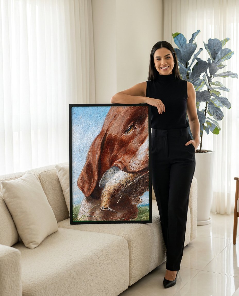 Quadro Decorativo Cão de Caça com Ave - Carl Reichert com modelo em ambiente