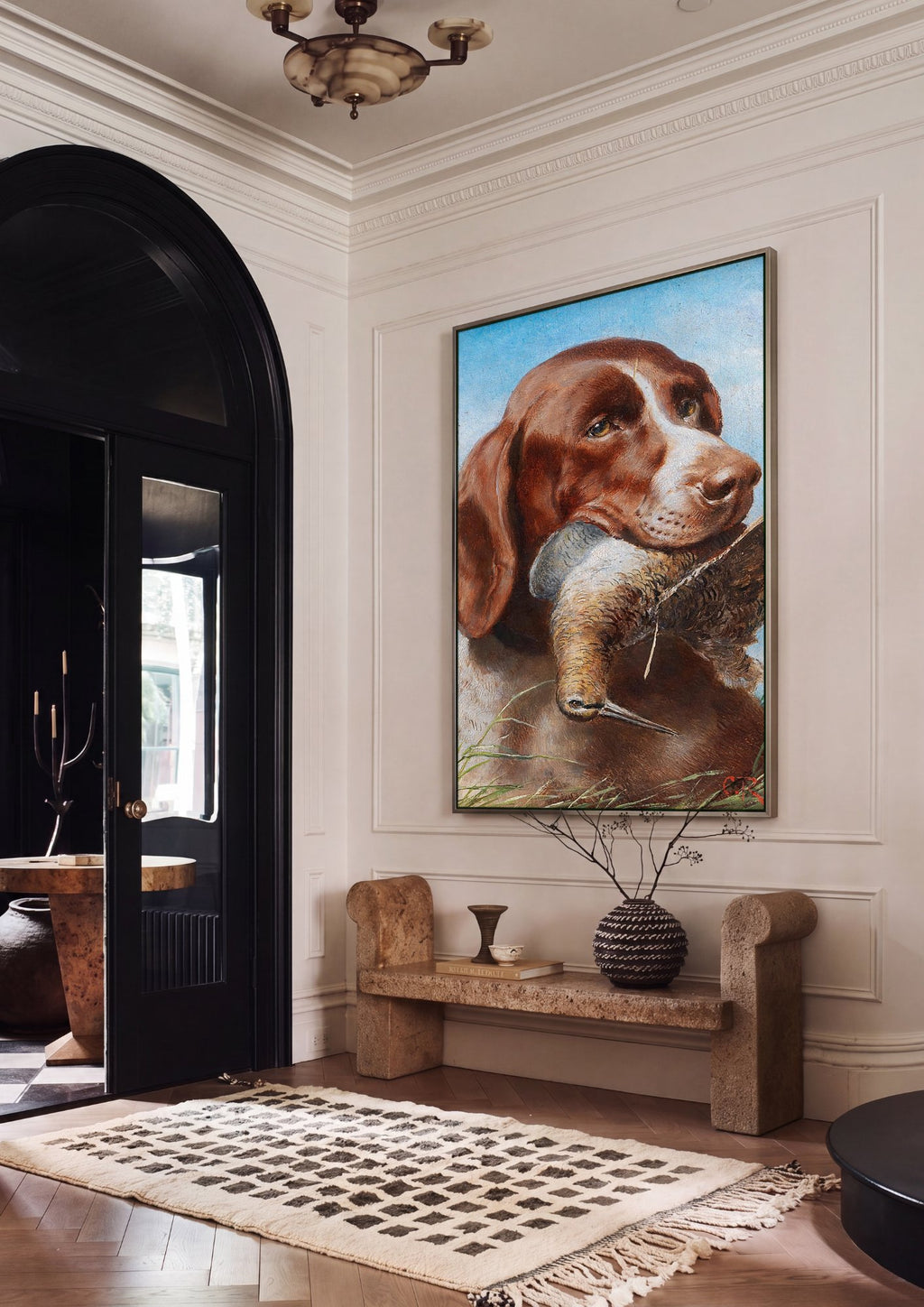 Quadro Decorativo Cão de Caça com Ave - Carl Reichert em ambiente decorado