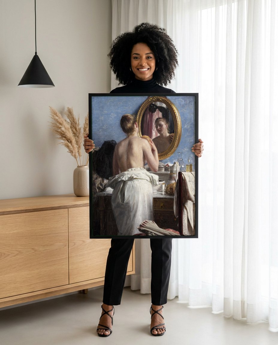 Quadro Decorativo A Mulher no Espelho - Carl Bloch com modelo em ambiente