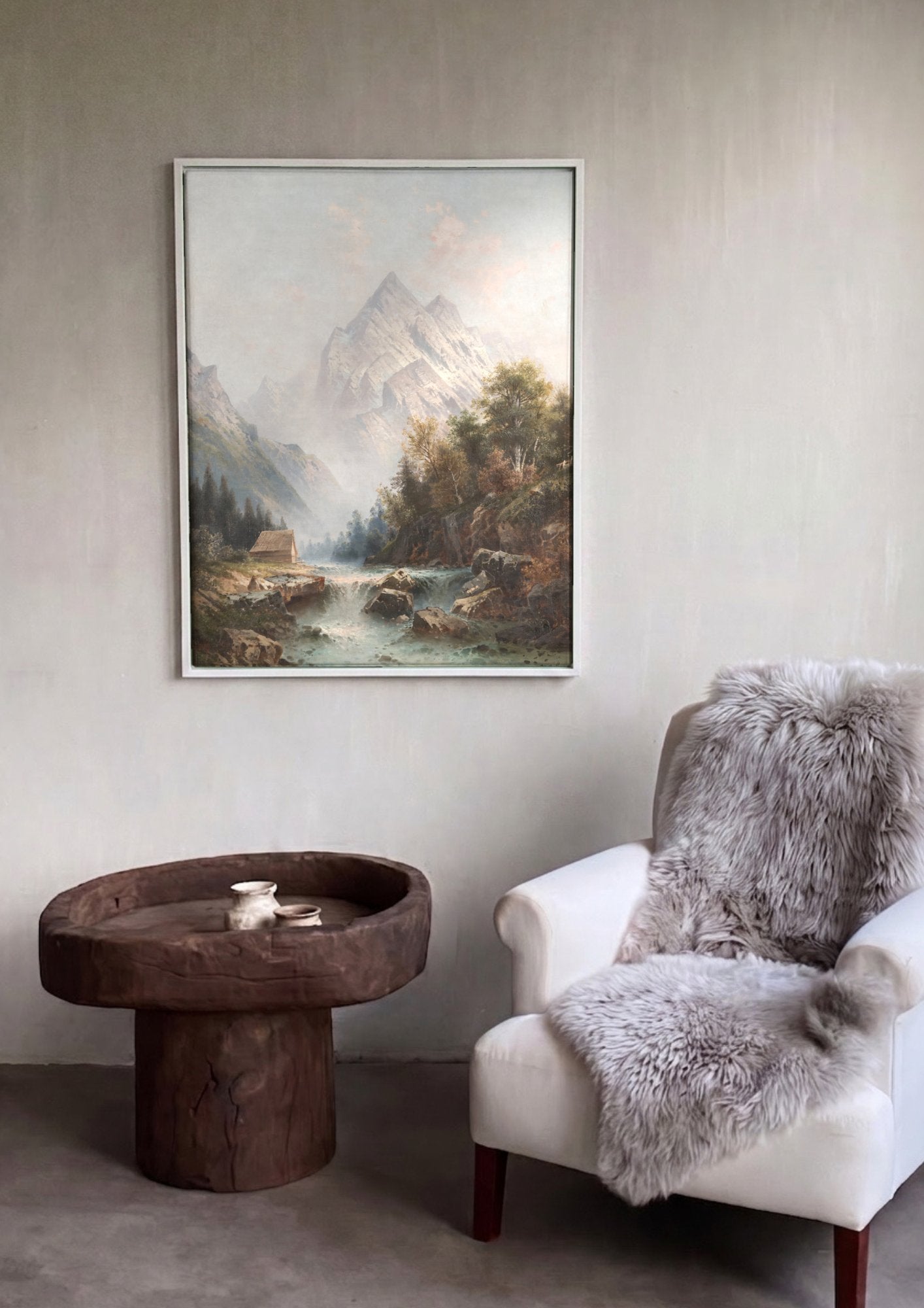 Quadro Decorativo Paisagem Alpina com Cabana - Karl Kaufmann em ambiente decorado