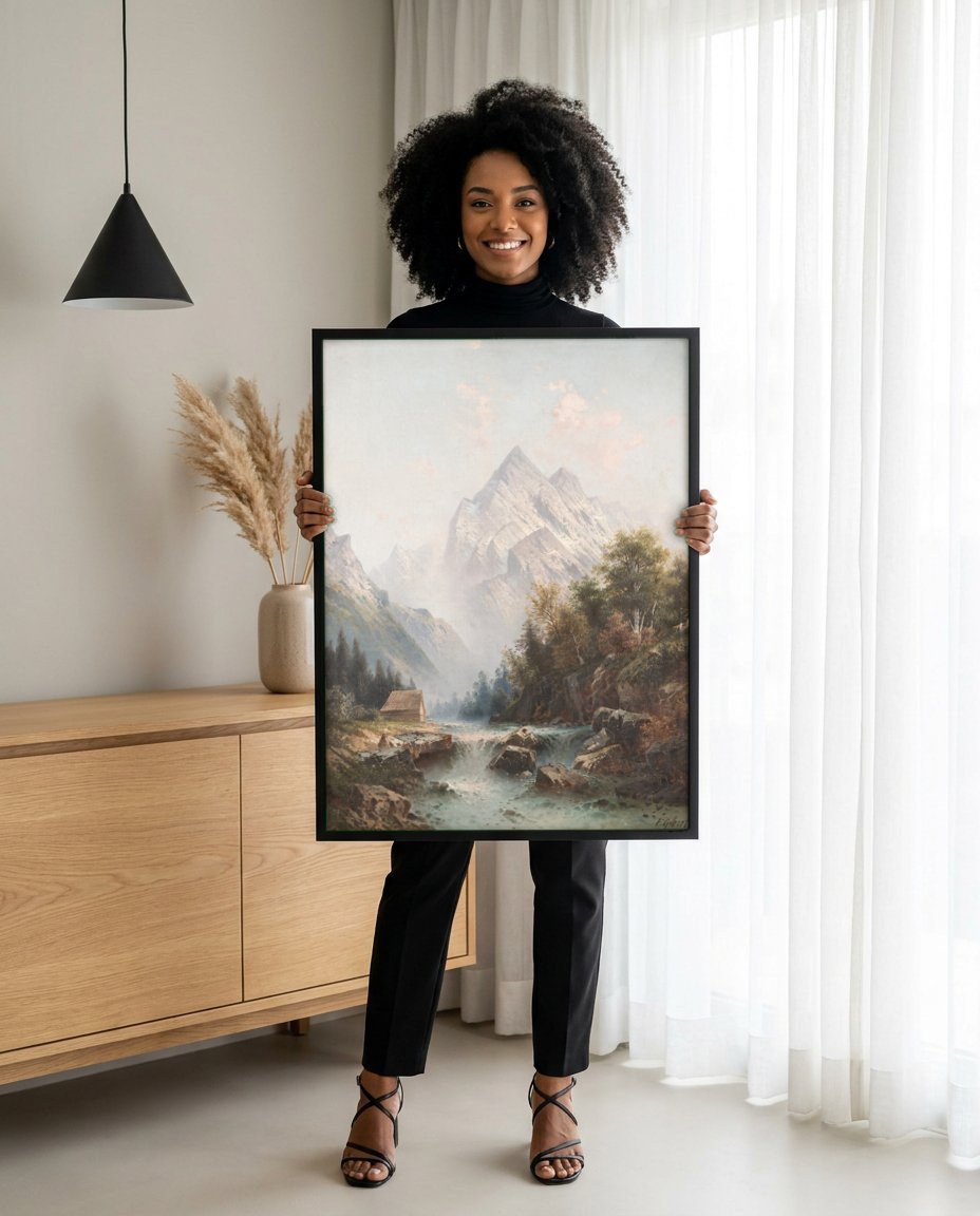 Quadro Decorativo Paisagem Alpina com Cabana - Karl Kaufmann com modelo em ambiente
