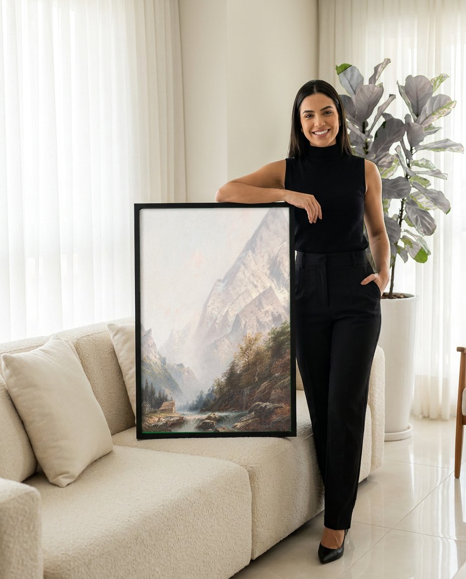 Quadro Decorativo Paisagem Alpina com Cabana - Karl Kaufmann com modelo em ambiente