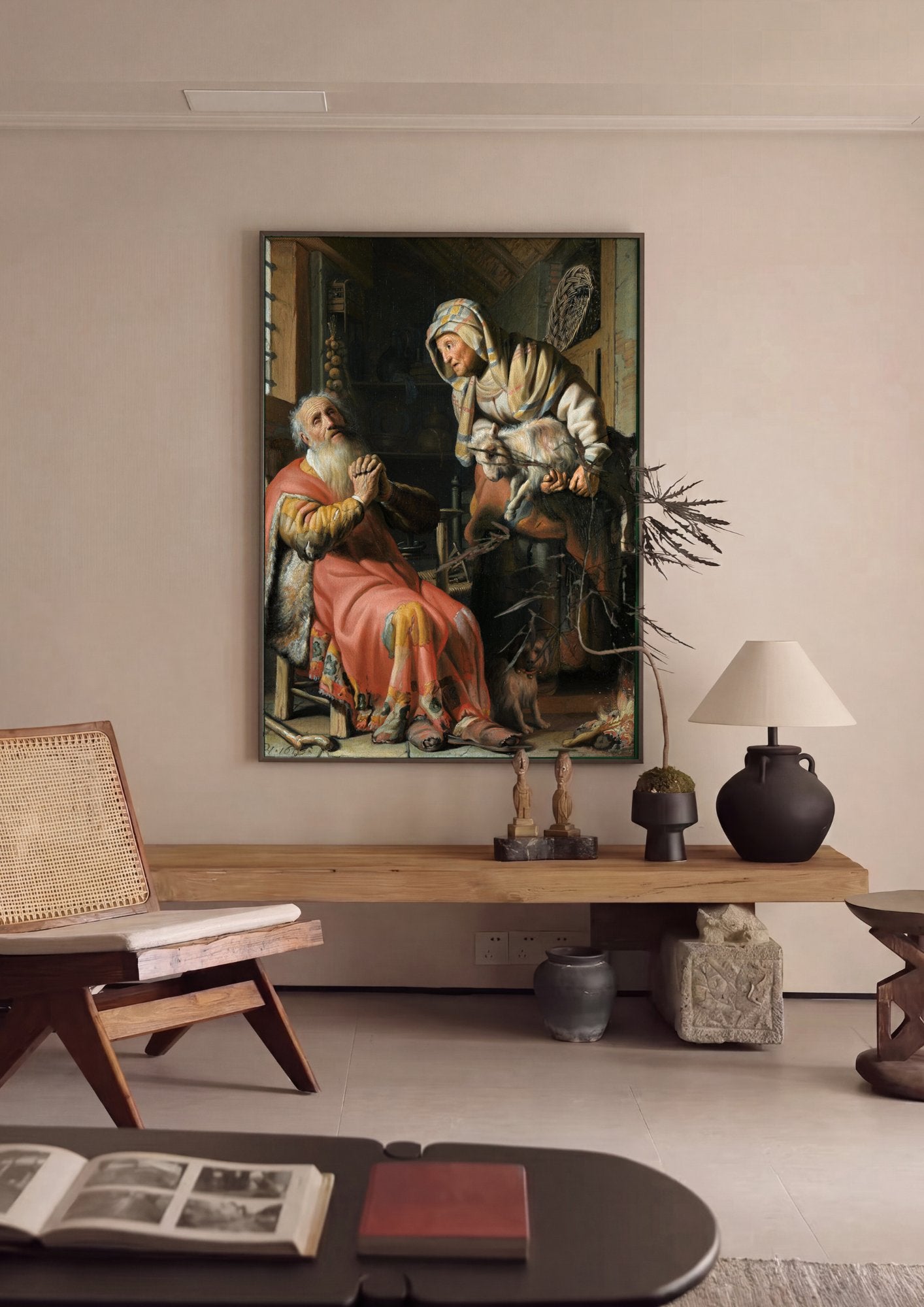 Quadro Decorativo Tobias e Ana com o Cabrito - Rembrandt em ambiente decorado