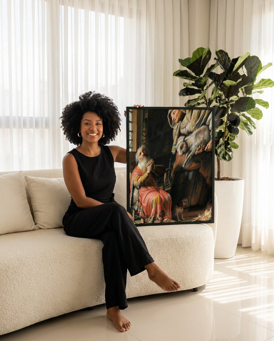 Quadro Decorativo Tobias e Ana com o Cabrito - Rembrandt com modelo em ambiente