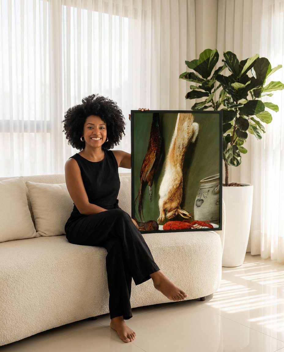 Quadro Decorativo Natureza-Morta com Caça e Lagosta - Hans Thoma com modelo em ambiente