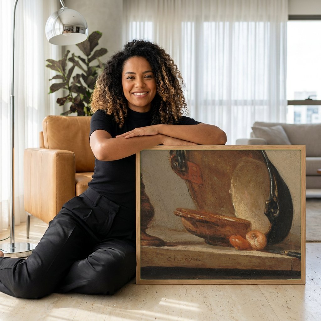 Quadro Decorativo Natureza-Morta com Caldeirão - Chardin com modelo em ambiente