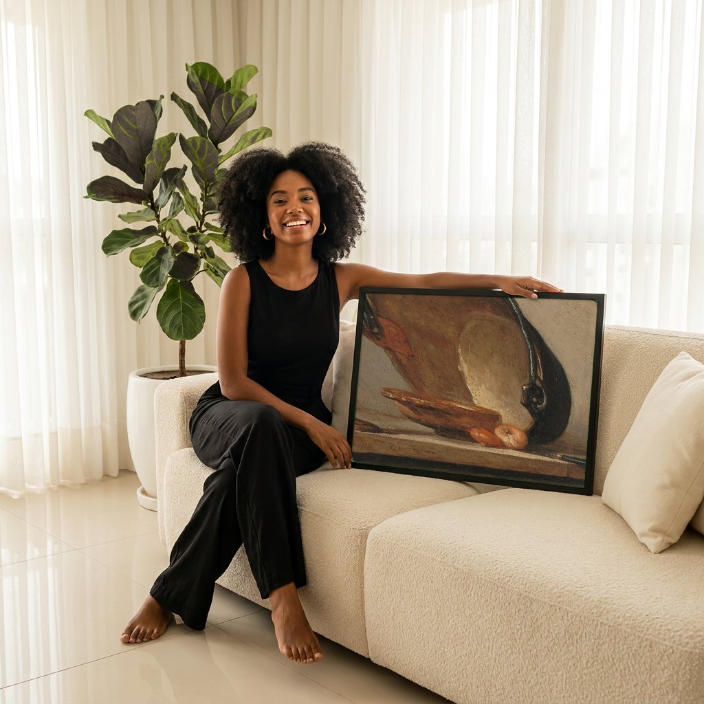 Quadro Decorativo Natureza-Morta com Caldeirão - Chardin com modelo em ambiente