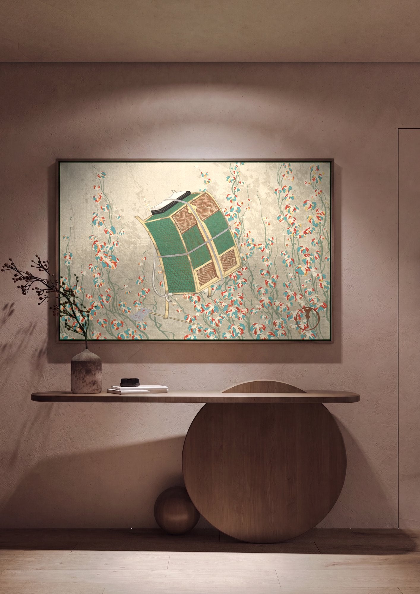 Quadro Decorativo Cesto de Cargas em Campo Florido - Kamisaka Sekka em ambiente decorado