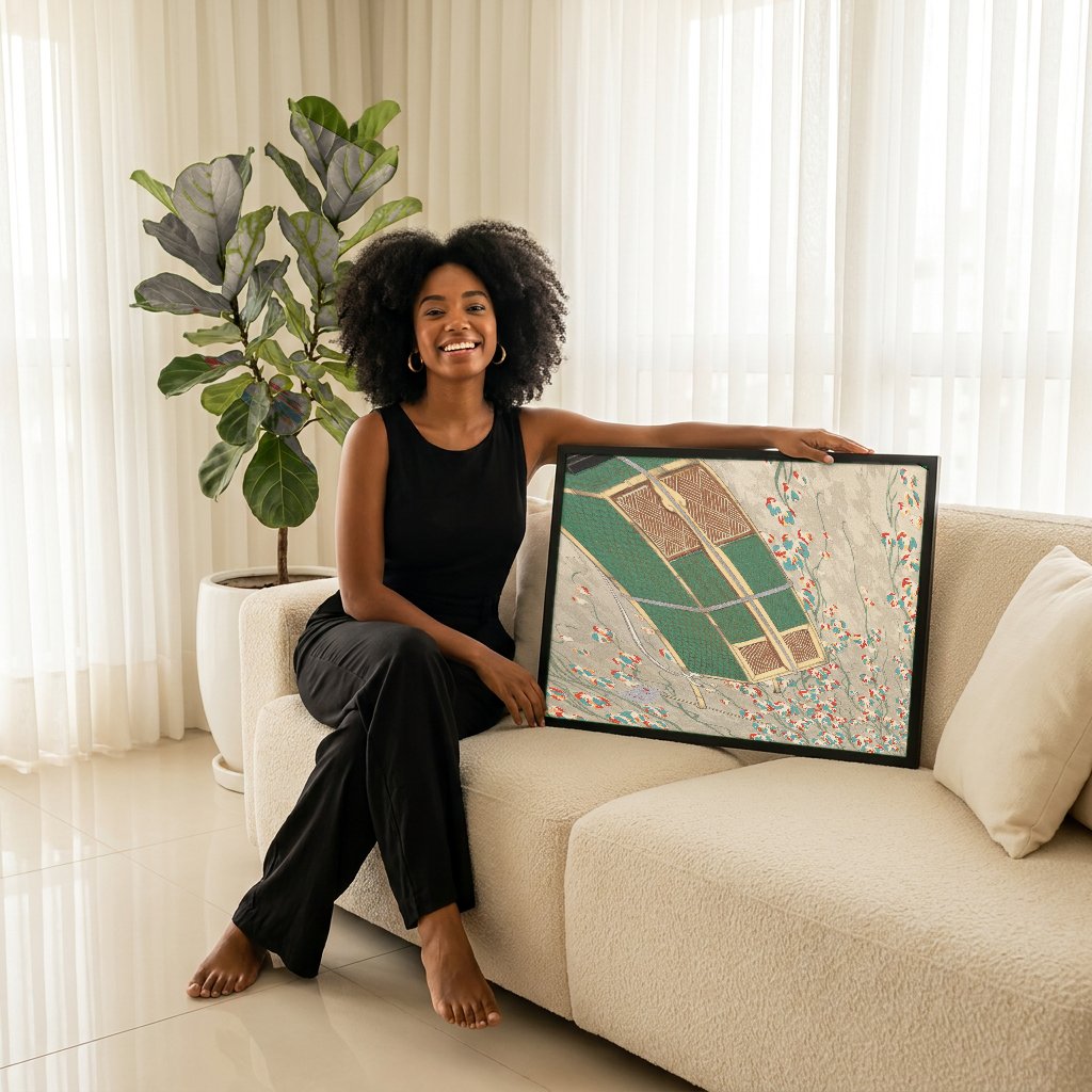 Quadro Decorativo Cesto de Cargas em Campo Florido - Kamisaka Sekka com modelo em ambiente