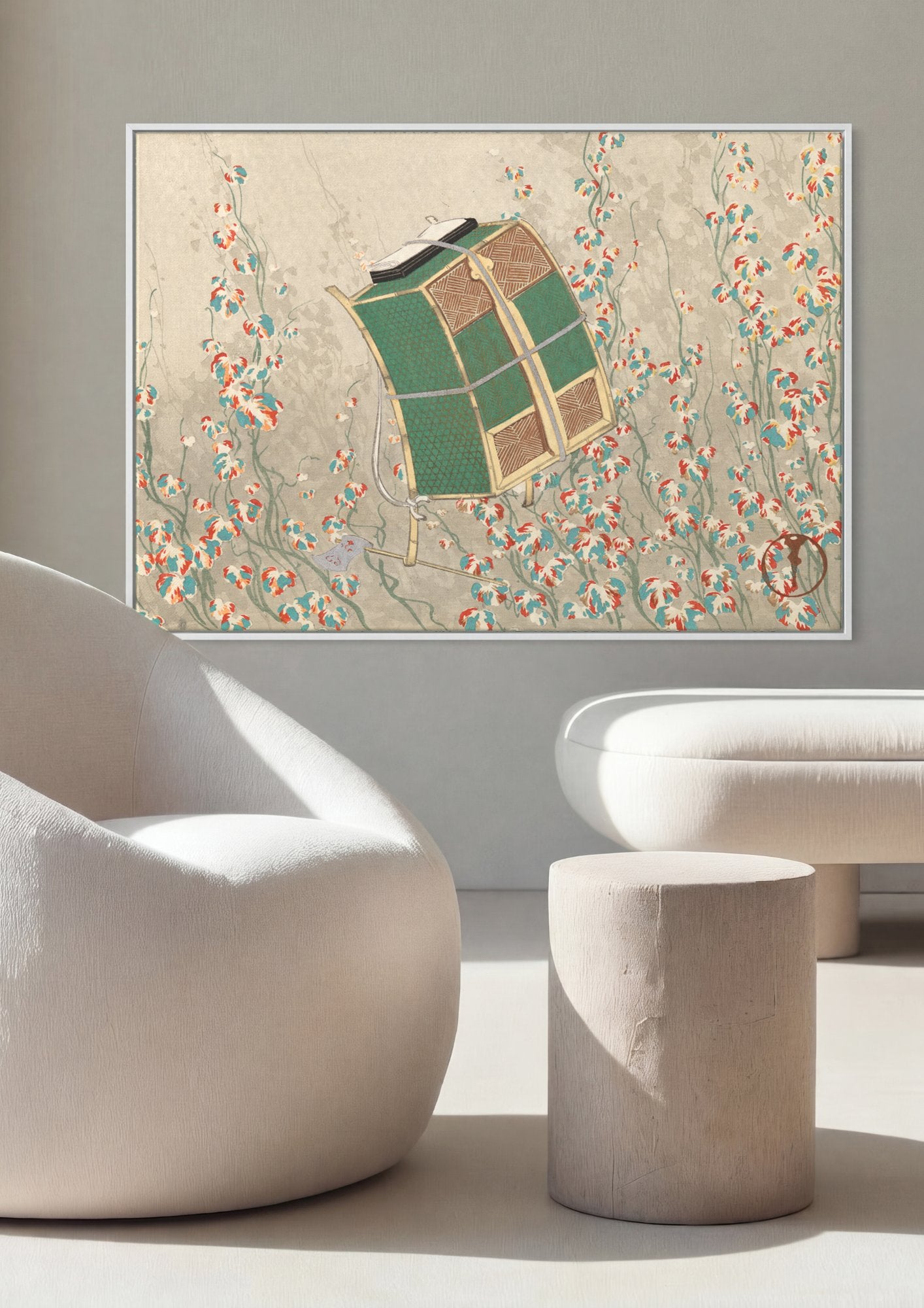Quadro Decorativo Cesto de Cargas em Campo Florido - Kamisaka Sekka em ambiente decorado
