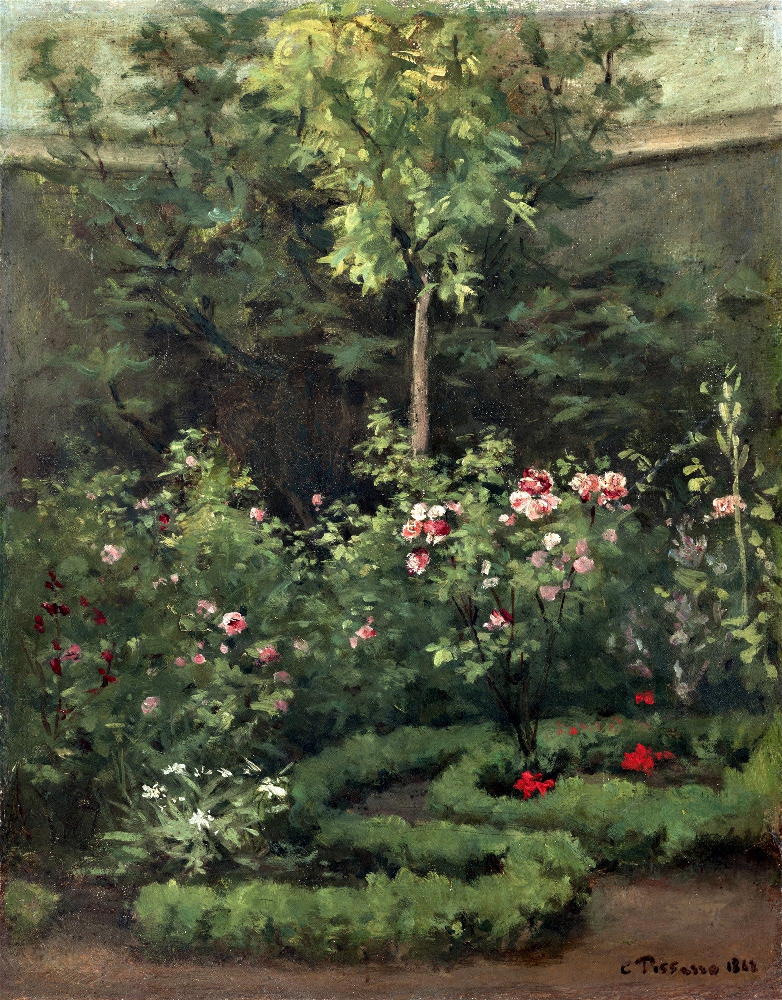 Uma pintura a óleo de Camille Pissarro, "Jardins Floridos em Pontoise", mostrando um jardim exuberante com arbustos verdes, um caminho sinuoso e rosas em tons de rosa e vermelho, sob um céu claro. A luz banha a cena, realçando a textura da folhagem e das flores.