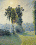 Quadro decorativo paisagem de Camille Pissarro, um campo verde iluminado pelo sol com árvores altas e sombras alongadas ao amanhecer ou fim de tarde, com pinceladas texturizadas de estilo impressionista.