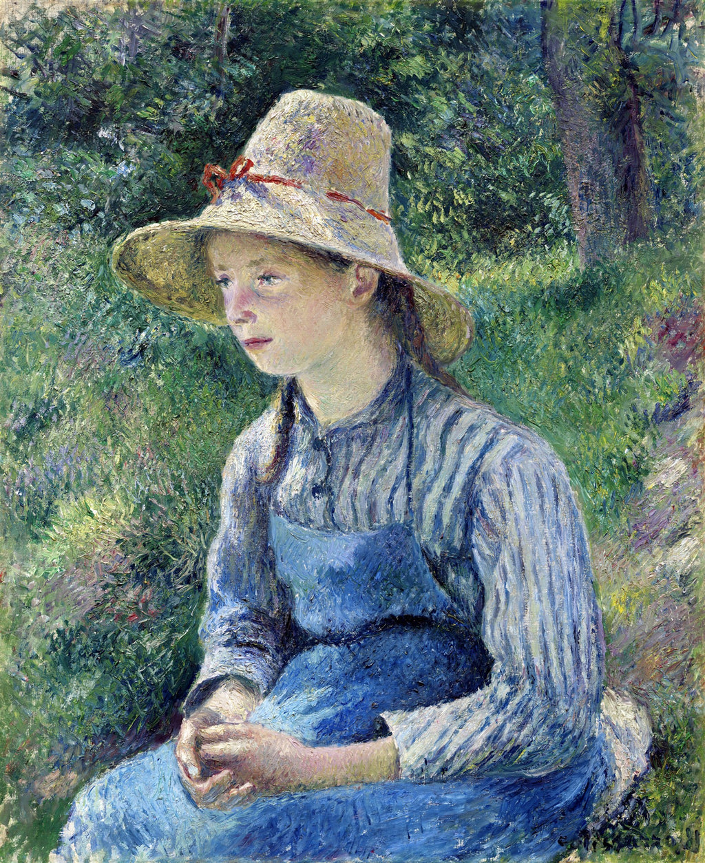 Jovem mulher com chapéu de palha sentada em meio à natureza, estilo impressionista, cores vibrantes, Camille Pissarro.