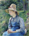 Jovem mulher com chapéu de palha sentada em meio à natureza, estilo impressionista, cores vibrantes, Camille Pissarro.