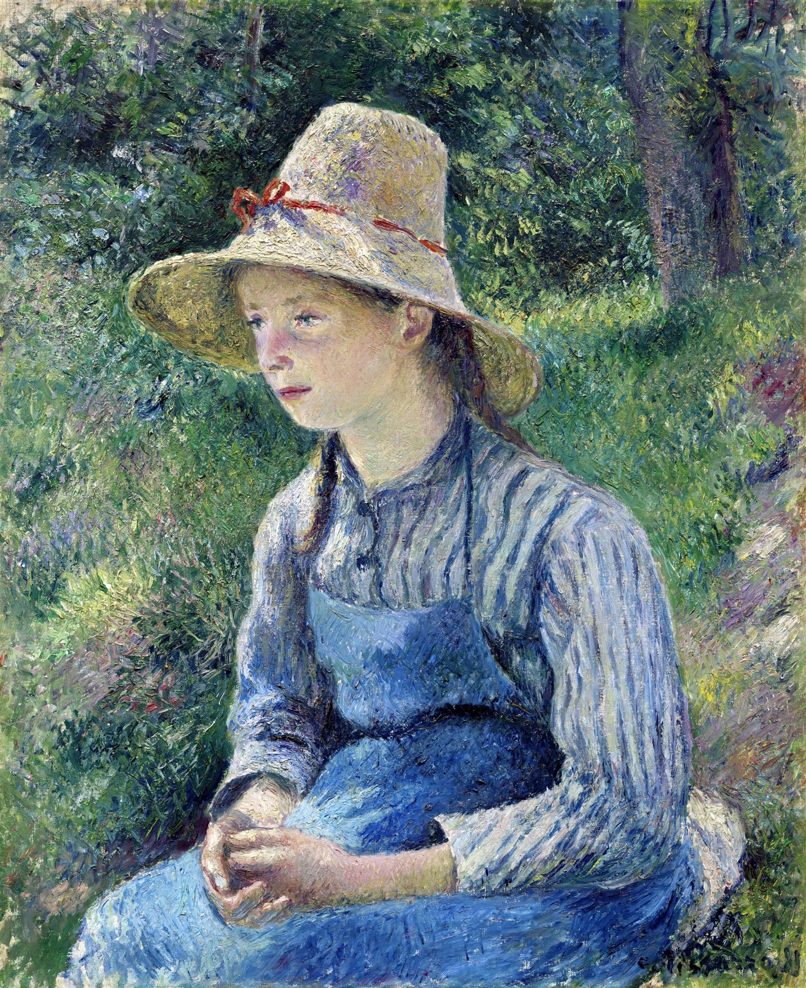 Jovem mulher com chapéu de palha sentada em meio à natureza, estilo impressionista, cores vibrantes, Camille Pissarro.