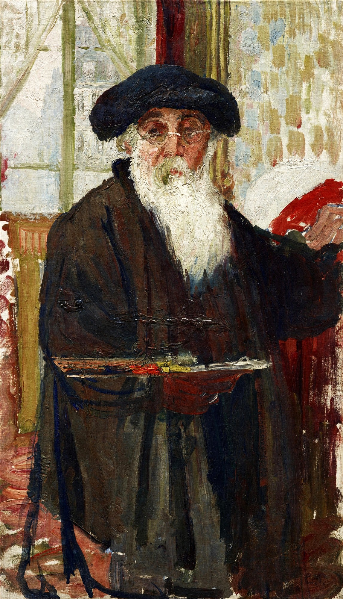 Autorretrato de Camille Pissarro, um homem idoso de barba branca, óculos e boina escura, segurando uma paleta de cores. A pincelada é visivelmente texturizada e vibrante, caracterizando o estilo impressionista.