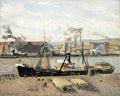 Quadro decorativo com a pintura 'Le Port de Rouen' de Camille Pissarro, mostrando um porto movimentado com navios a vapor, fumaça, edifícios industriais e pessoas na margem. Predominam tons de cinza, azul e marrom.