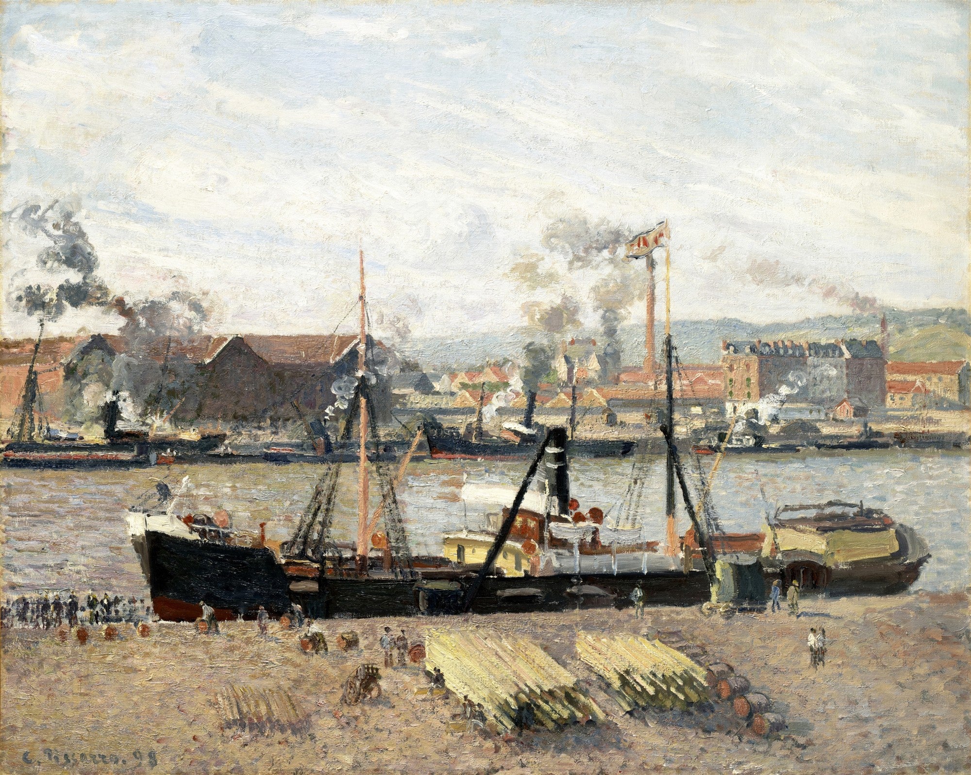 Quadro decorativo com a pintura 'Le Port de Rouen' de Camille Pissarro, mostrando um porto movimentado com navios a vapor, fumaça, edifícios industriais e pessoas na margem. Predominam tons de cinza, azul e marrom.