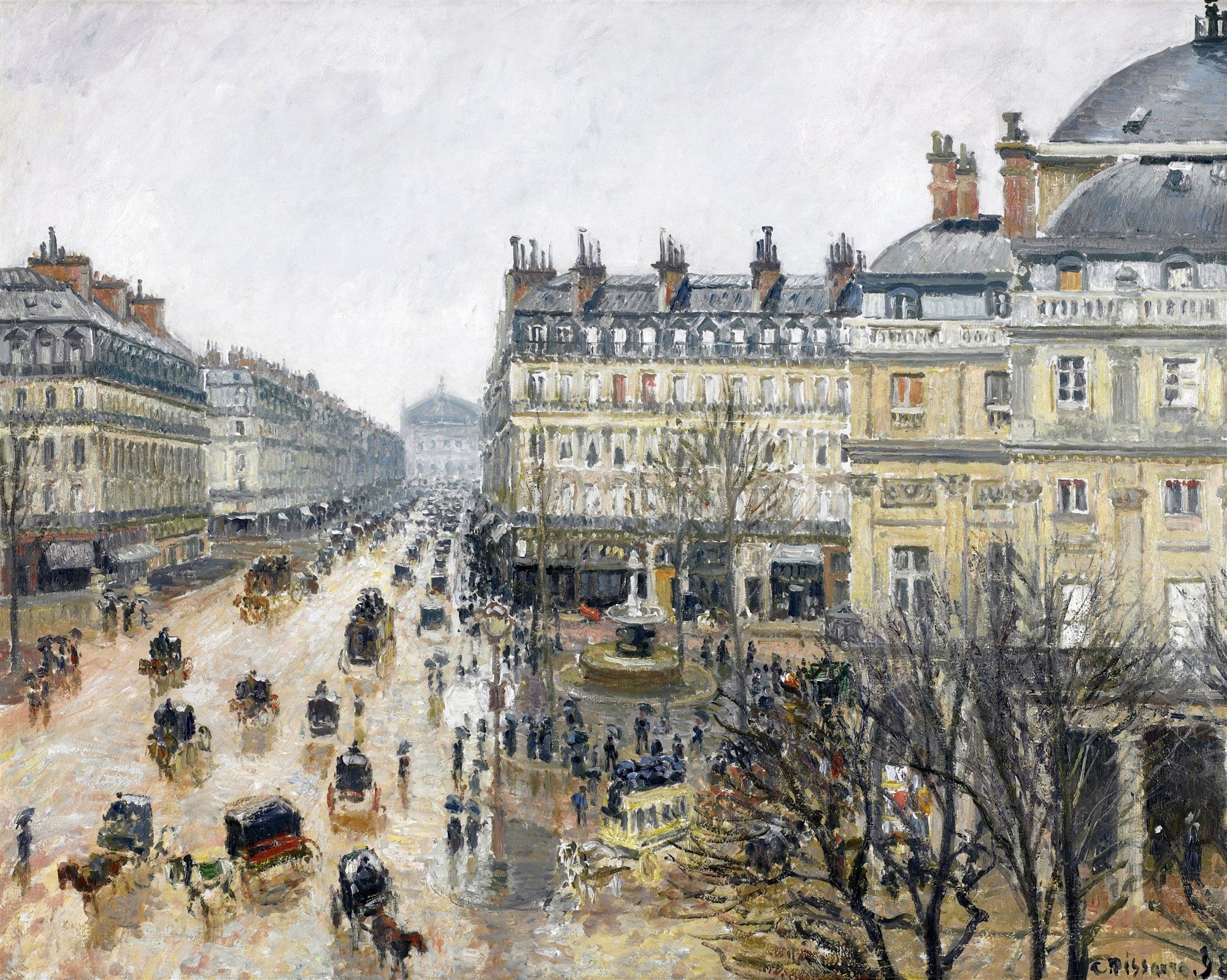 Pintura a óleo de Camille Pissarro representando o Boulevard Montmartre em Paris, com carruagens e pessoas na rua, edifícios clássicos e um céu nublado, em tons de cinza, marrom e amarelo claro.