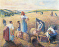Quadro decorativo com pintura de Camille Pissarro, 'La Moissonneuse', mostrando mulheres colhendo trigo em um campo dourado sob um céu claro, com fardos de feno e paisagem montanhosa ao fundo.