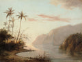 Quadro decorativo paisagem tropical com palmeiras à beira de um rio ao pôr do sol, atribuído a Camille Pissarro. Tons de rosa, azul e verde.