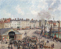 Quadro de Camille Pissarro, Le Port de Dieppe. Uma cena de porto movimentada com edifícios, pessoas e barcos sob um céu azul claro com nuvens.