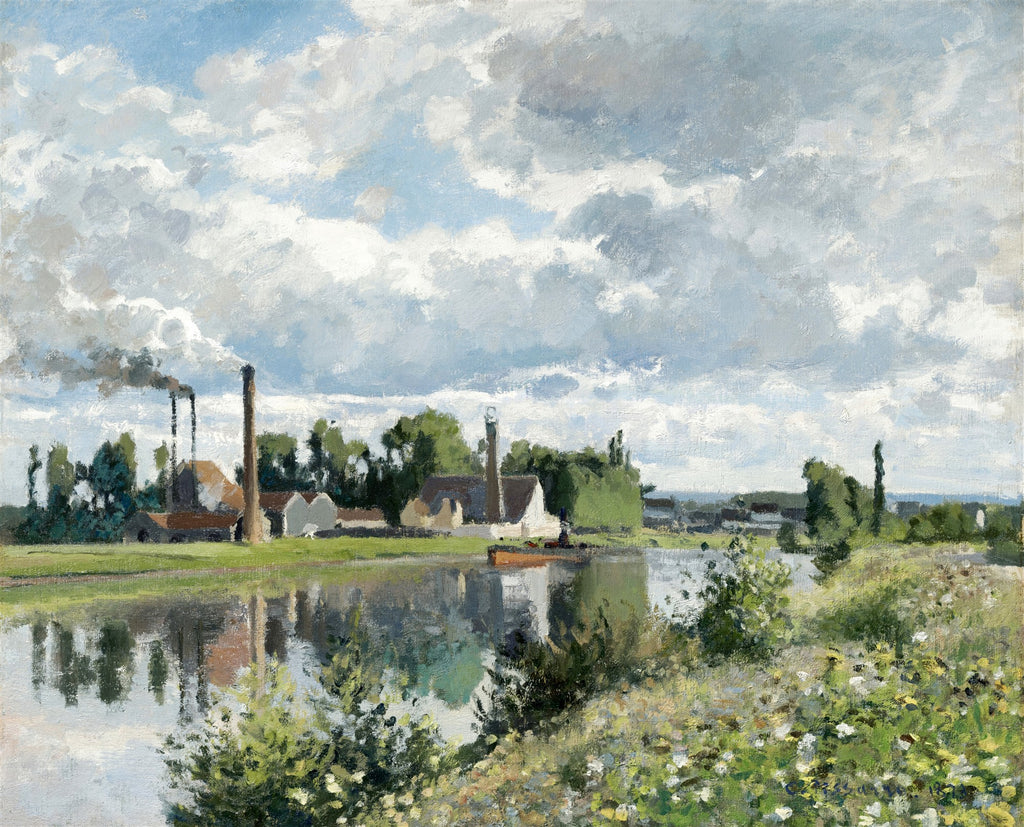 Quadro decorativo de A Fábrica de Pontoise de Camille Pissarro, mostrando uma paisagem com fábricas às margens de um rio sob um céu nublado.