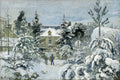 Pintura a óleo de Camille Pissarro mostrando uma paisagem de inverno com neve cobrindo árvores, arbustos e o telhado de uma casa ao fundo. Duas figuras humanas pequenas caminham por um caminho nevado.