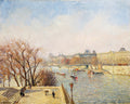 Uma pintura impressionista de Camille Pissarro de uma vista panorâmica da Pont Neuf em Paris, com o Rio Sena, barcos, árvores de outono e edifícios históricos ao fundo, sob um céu claro.