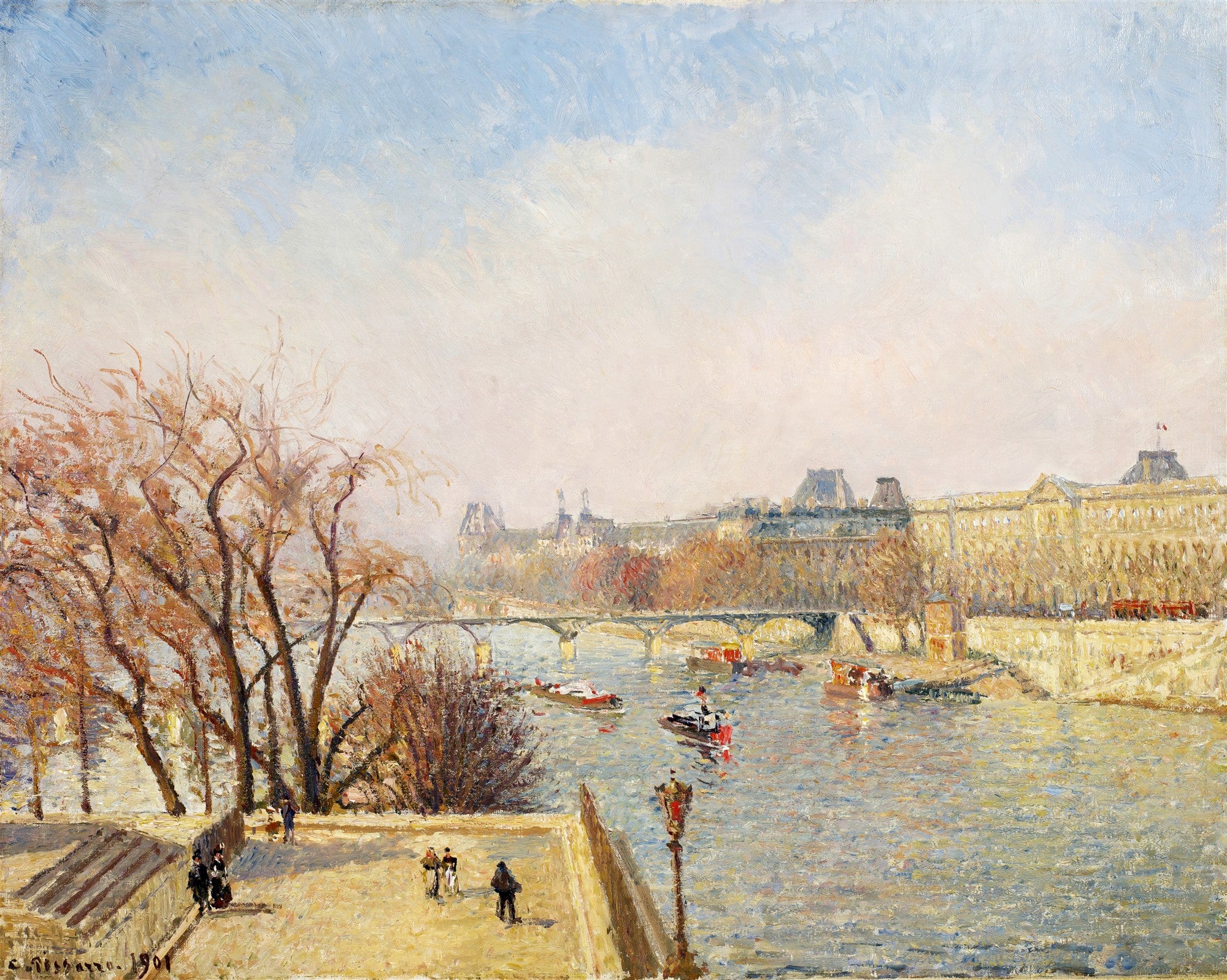 Uma pintura impressionista de Camille Pissarro de uma vista panorâmica da Pont Neuf em Paris, com o Rio Sena, barcos, árvores de outono e edifícios históricos ao fundo, sob um céu claro.