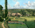 Quadro decorativo com paisagem rural de Camille Pissarro, "A Colheita em Montfoucault", com campos verdes, casas e camponeses trabalhando sob um céu azul com nuvens.