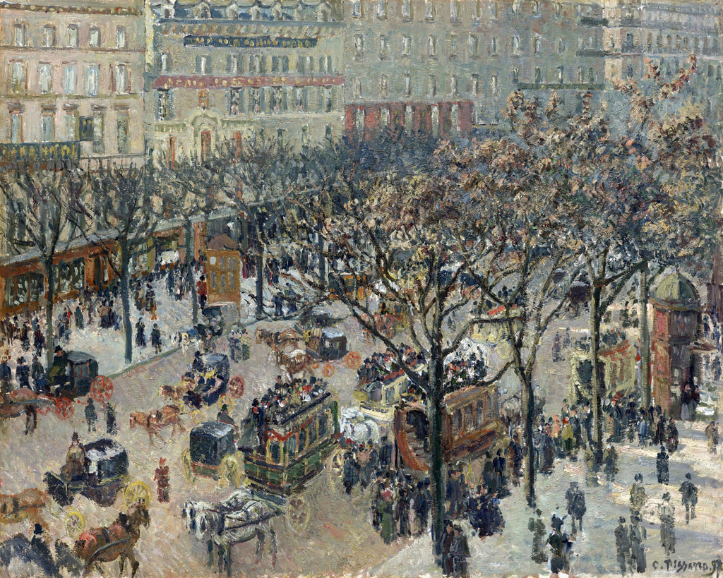 Quadro decorativo mostrando uma cena noturna de rua em Paris, com árvores secas, edifícios e pessoas em coches e a pé. A iluminação é difusa, e a cena transmite um movimento urbano intenso. Atribuído a Camille Pissarro.
