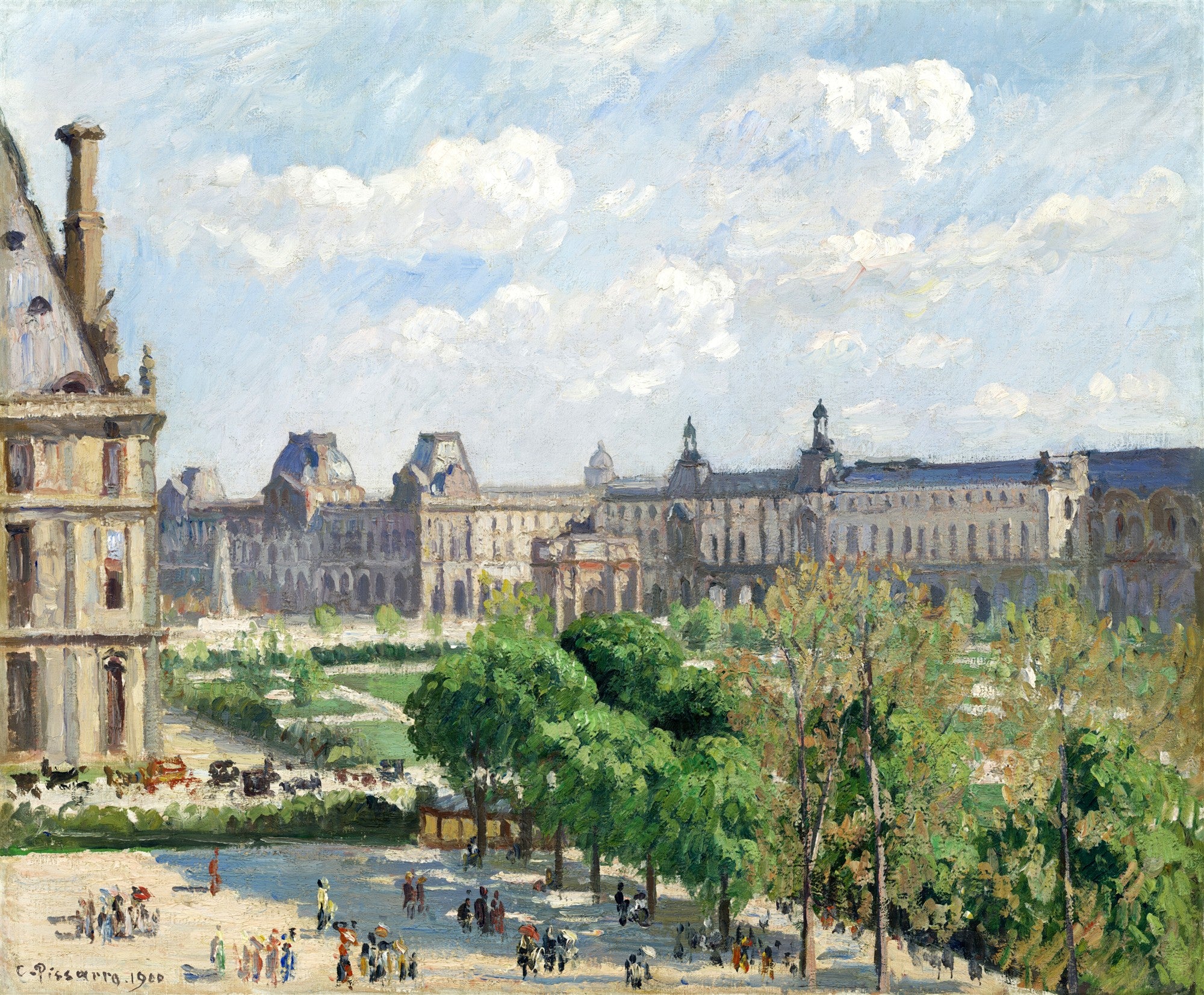 Quadro decorativo com paisagem urbana de Camille Pissarro, mostrando os Jardins das Tulherias em Paris com prédios históricos ao fundo, árvores e figuras humanas em primeiro plano, sob um céu azul com nuvens brancas, em estilo impressionista.