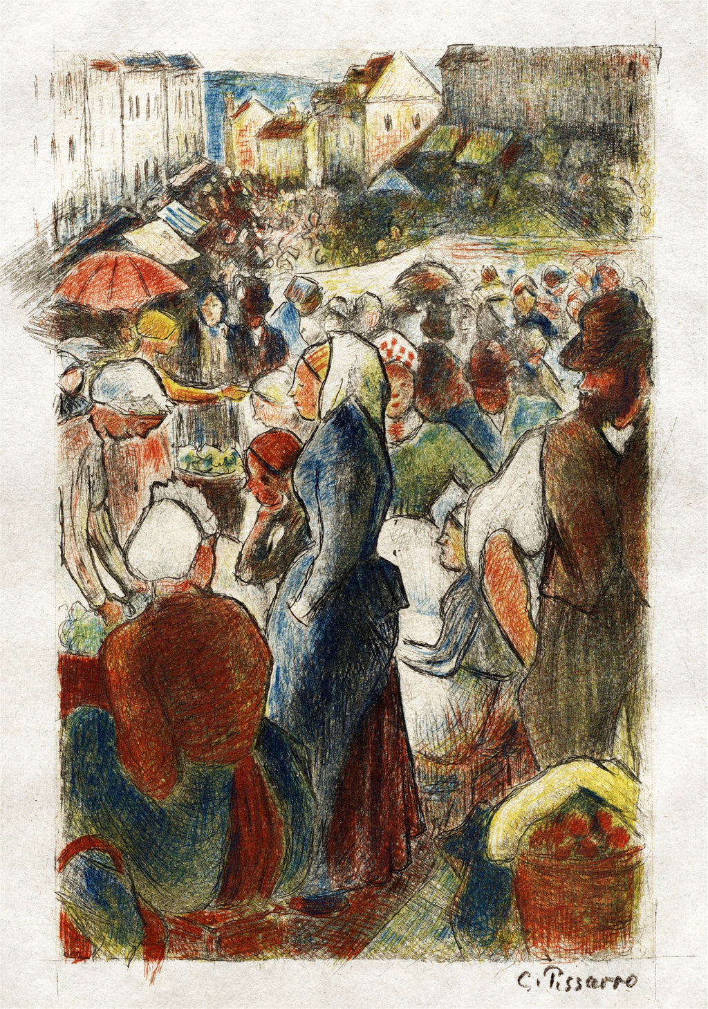 Ilustração colorida de Camille Pissarro de uma feira ou mercado ao ar livre com muitas pessoas e prédios ao fundo. O estilo é característico do impressionismo com pinceladas soltas e cores vibrantes.